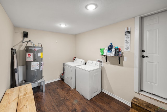 laundry room with separate washer and dryer, dark wood-type flooring, and water heater