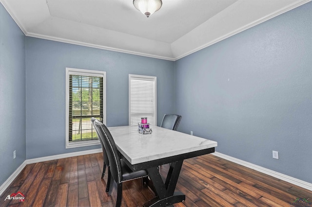 1208 Westwood Dr, Henderson, TX 75654 - dining area featuring dark wood-style flooring, ornamental molding, and baseboards