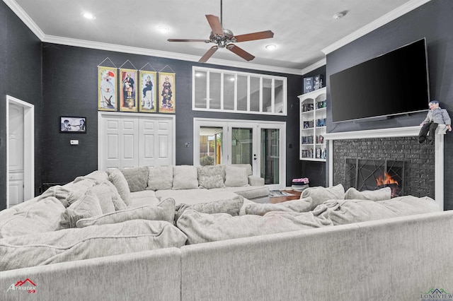 1208 Westwood Dr, Henderson, TX 75654 - living room featuring a ceiling fan, a fireplace, crown molding, built in features, and recessed lighting