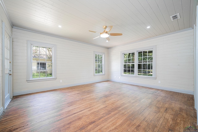 unfurnished room featuring wood-type flooring, ceiling fan, and wooden ceiling