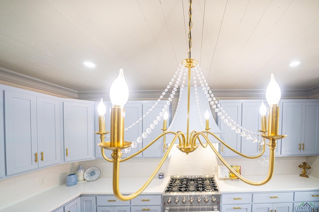 details featuring decorative backsplash, stove, and crown molding