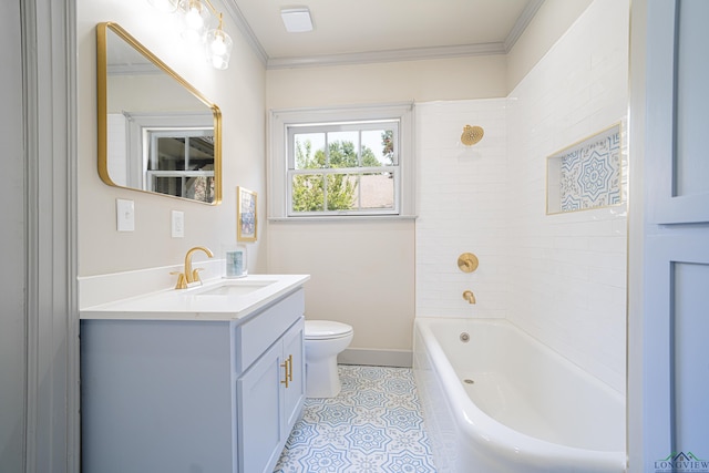 full bathroom with tile patterned flooring, crown molding, toilet, vanity, and tiled shower / bath