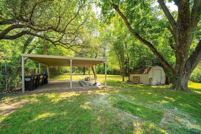 view of yard featuring a carport and a storage shed