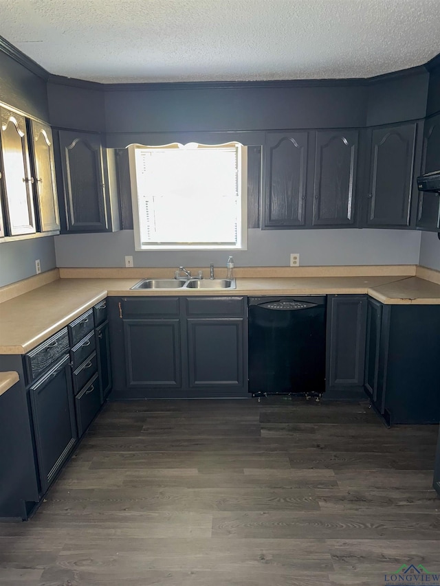 kitchen featuring dishwasher, a sink, dark wood finished floors, and a textured ceiling