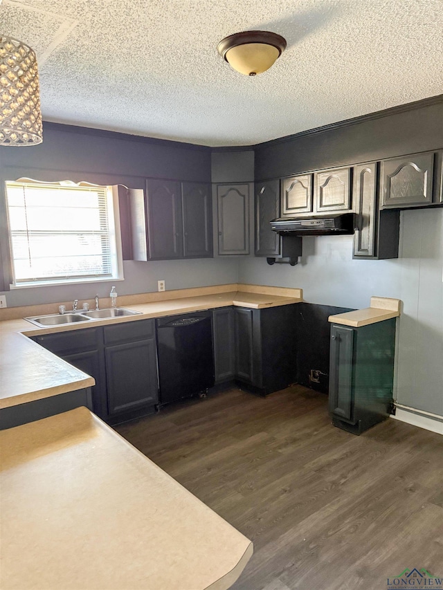 kitchen with under cabinet range hood, dark wood-style flooring, dishwasher, and a sink