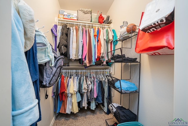 walk in closet with carpet floors