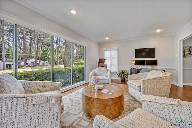 living area featuring recessed lighting, wood finished floors, a wainscoted wall, and ornamental molding