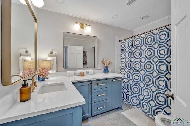 full bath featuring tile patterned flooring, visible vents, vanity, crown molding, and a shower with shower curtain