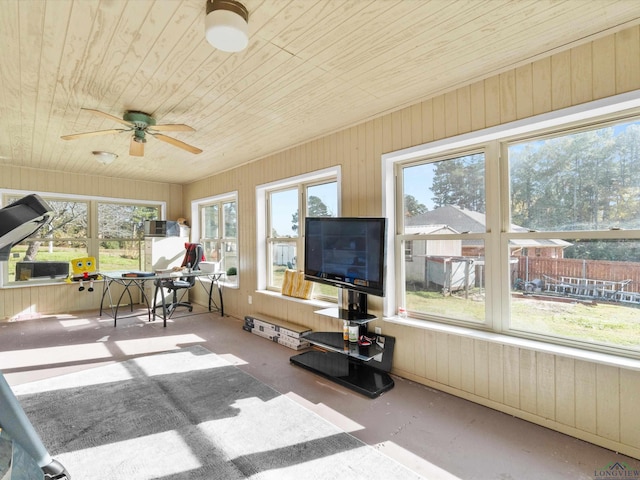 sunroom / solarium with ceiling fan, plenty of natural light, and wood ceiling