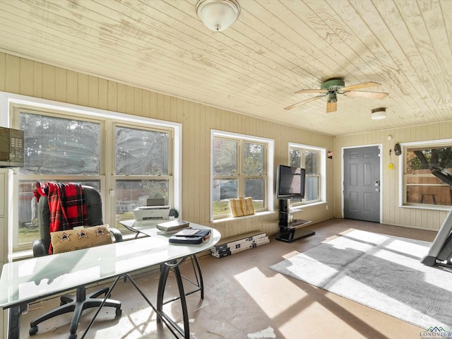 sunroom / solarium featuring ceiling fan and wooden ceiling