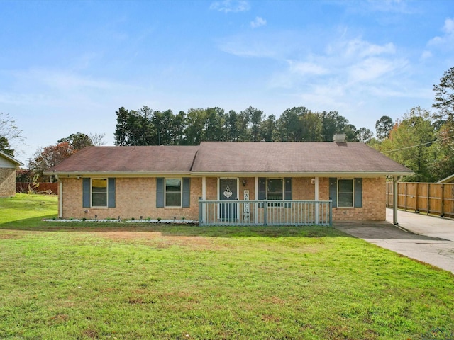 single story home with a front lawn and a porch