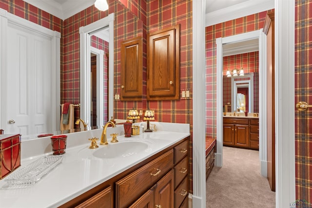 bathroom with vanity and ornamental molding