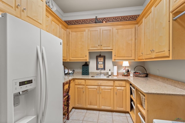 kitchen featuring light tile patterned flooring, sink, ornamental molding, white fridge with ice dispenser, and light stone countertops