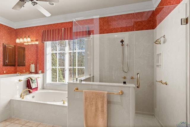 bathroom featuring crown molding, ceiling fan, tile patterned floors, and independent shower and bath