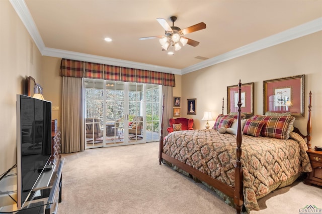 bedroom featuring crown molding, access to outside, light colored carpet, and ceiling fan