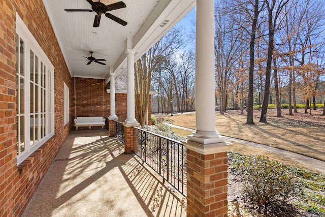 view of patio / terrace featuring ceiling fan and covered porch