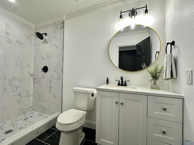 209 E Edgefield Ave, Longview, TX 75602 - bathroom with marble finish flooring, ornamental molding, vanity, and a tile shower