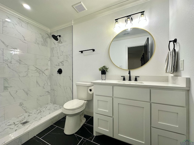209 E Edgefield Ave, Longview, TX 75602 - bathroom featuring marble look tiles, ornamental molding, vanity, and a tile shower