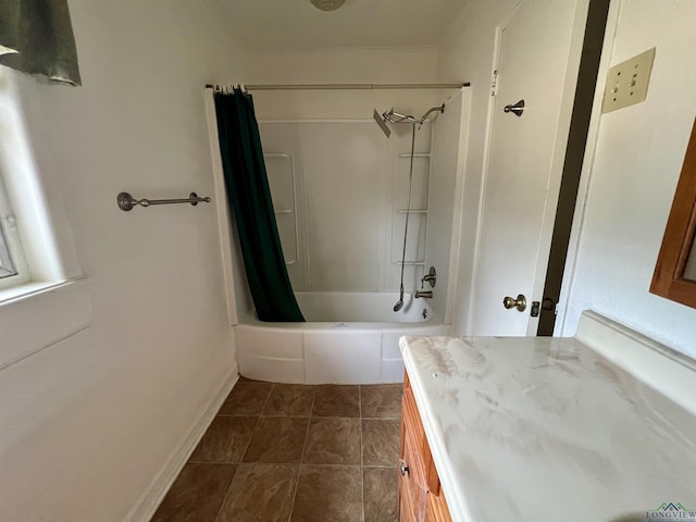 bathroom with tile patterned flooring and shower / tub combo with curtain