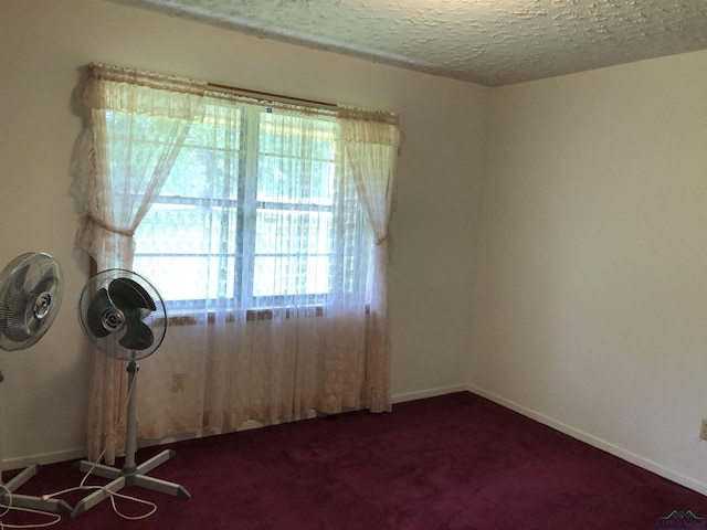 empty room featuring a textured ceiling and dark colored carpet