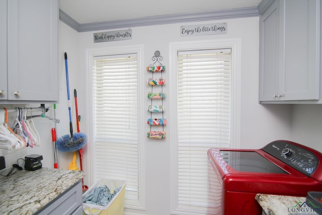 washroom featuring ornamental molding and cabinet space