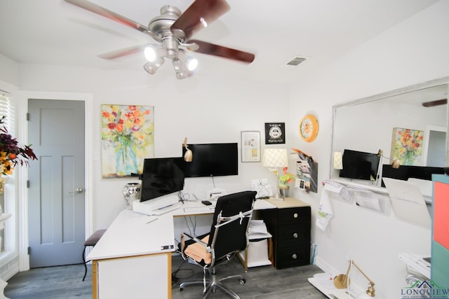 office area featuring ceiling fan, visible vents, and wood finished floors