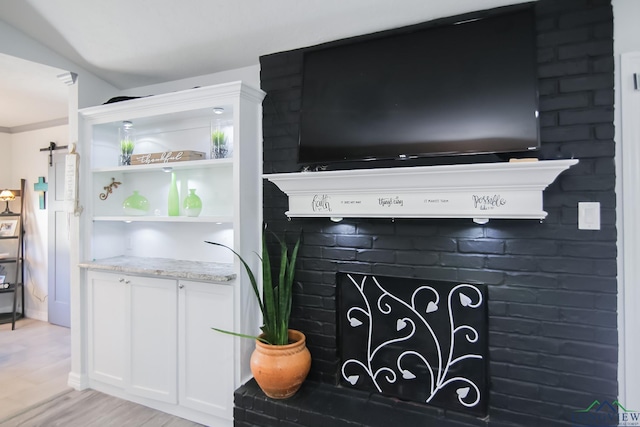 room details featuring a fireplace and wood finished floors