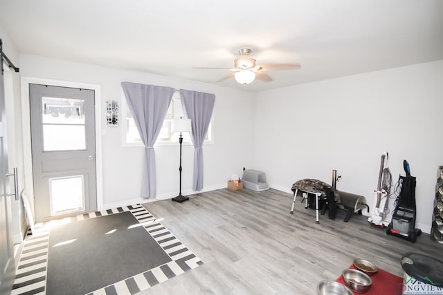 misc room featuring wood finished floors, ceiling fan, baseboards, and a barn door