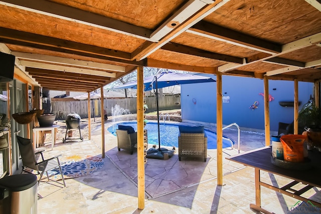 view of patio / terrace featuring a grill, fence, and a fenced in pool