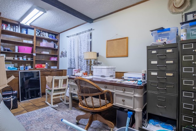 tiled office space featuring beam ceiling, a textured ceiling, and crown molding