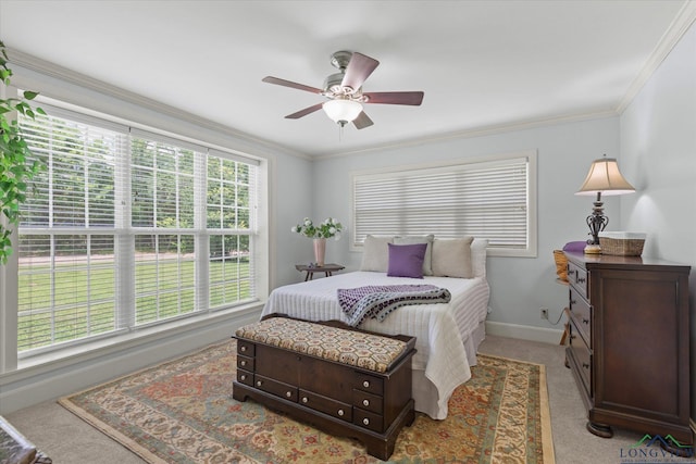 204 Delwood Dr, Longview, TX 75605 - bedroom with light colored carpet, baseboards, crown molding, and ceiling fan