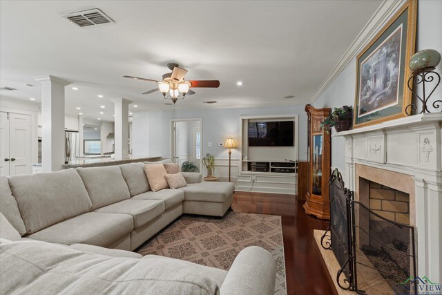 204 Delwood Dr, Longview, TX 75605 - living area featuring decorative columns, ornamental molding, a high end fireplace, ceiling fan, and recessed lighting