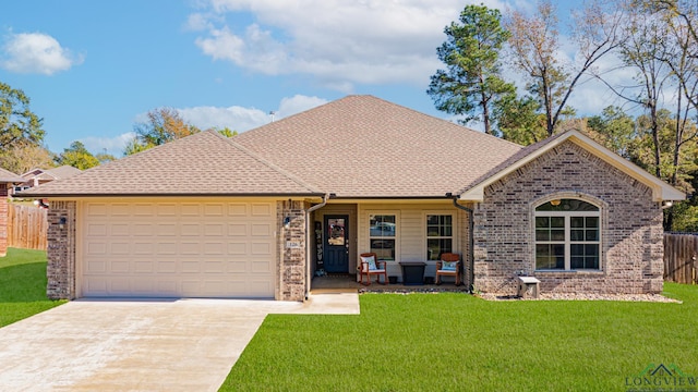 ranch-style home with a front yard and a garage