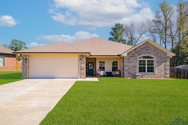 ranch-style home featuring a garage and a front lawn