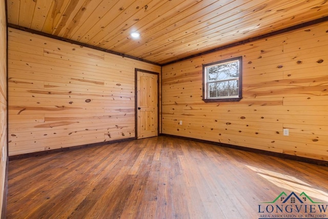 spare room featuring hardwood / wood-style floors, wooden walls, and wood ceiling