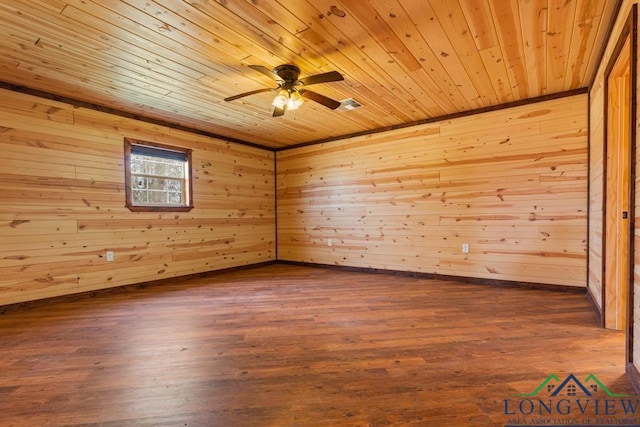 spare room with dark wood finished floors, wood ceiling, and a ceiling fan