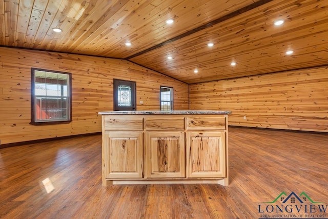 kitchen with lofted ceiling, recessed lighting, light brown cabinetry, dark wood-type flooring, and wooden ceiling