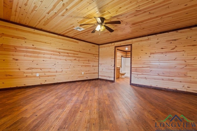 unfurnished room featuring visible vents, wood ceiling, hardwood / wood-style floors, and a ceiling fan