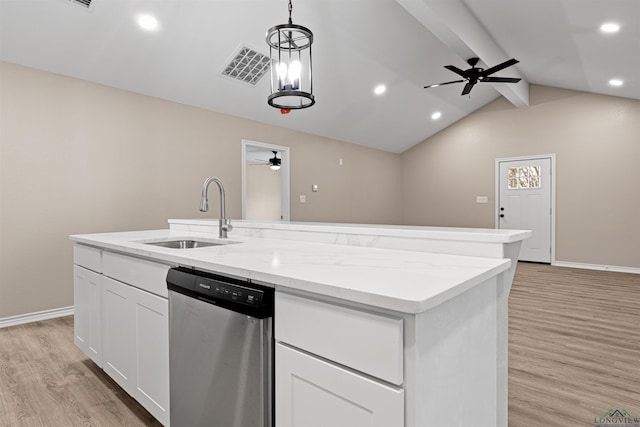 kitchen with dishwasher, light wood-type flooring, a center island with sink, and a sink