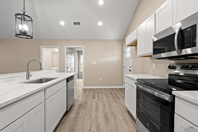 kitchen with a sink, visible vents, appliances with stainless steel finishes, and white cabinets