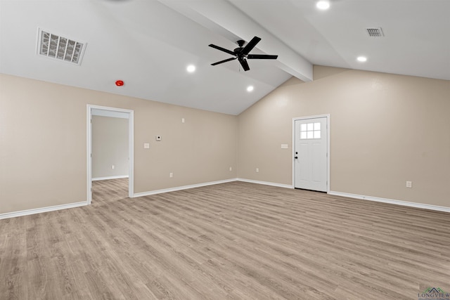 empty room featuring baseboards, visible vents, lofted ceiling with beams, ceiling fan, and light wood-style floors