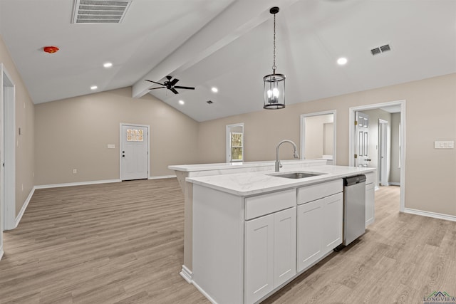 kitchen with stainless steel dishwasher, a kitchen island with sink, visible vents, and a sink