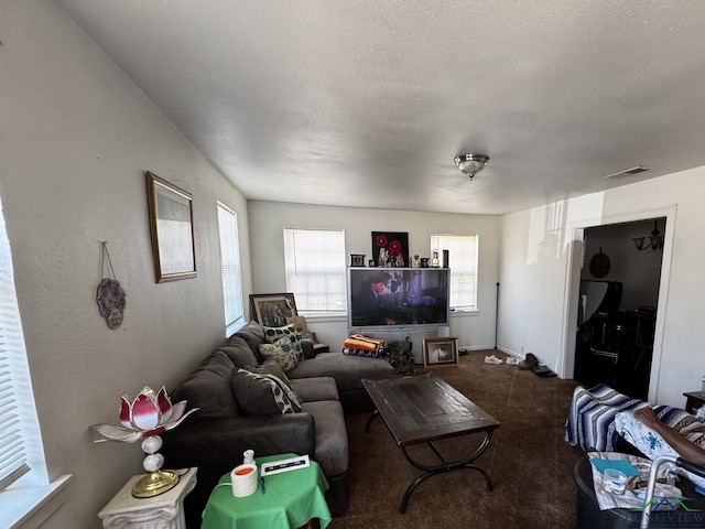 carpeted living room with visible vents and a textured ceiling