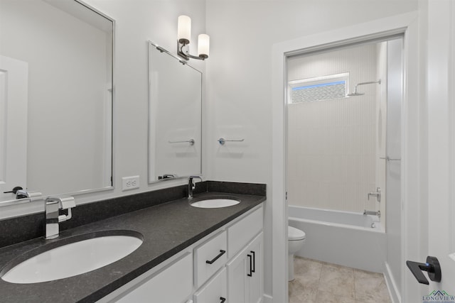 full bathroom featuring tile patterned floors, vanity, shower / bath combination, and toilet