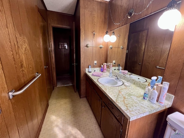 bathroom featuring toilet, wood walls, and vanity