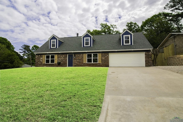 cape cod home with a front lawn and a garage