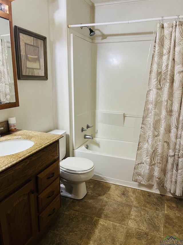 full bathroom with toilet, shower / tub combo, and vanity