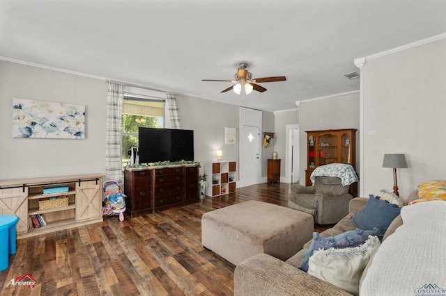 102 Poplar St, Marshall, TX 75670 - living room with ornamental molding, dark wood finished floors, and a ceiling fan