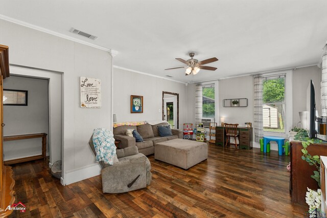 102 Poplar St, Marshall, TX 75670 - living area with ceiling fan, wood finished floors, and ornamental molding