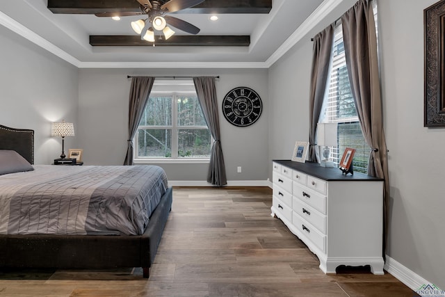 bedroom featuring hardwood / wood-style flooring, a raised ceiling, and ceiling fan